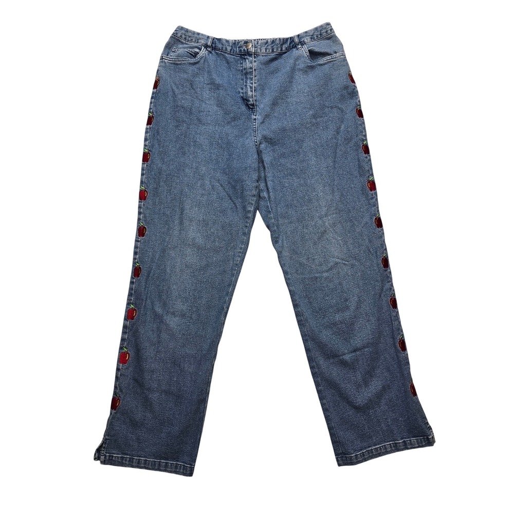 Quacker Factory Apple Embroidered Jeans Blue Stretch Womens L Cottagecore